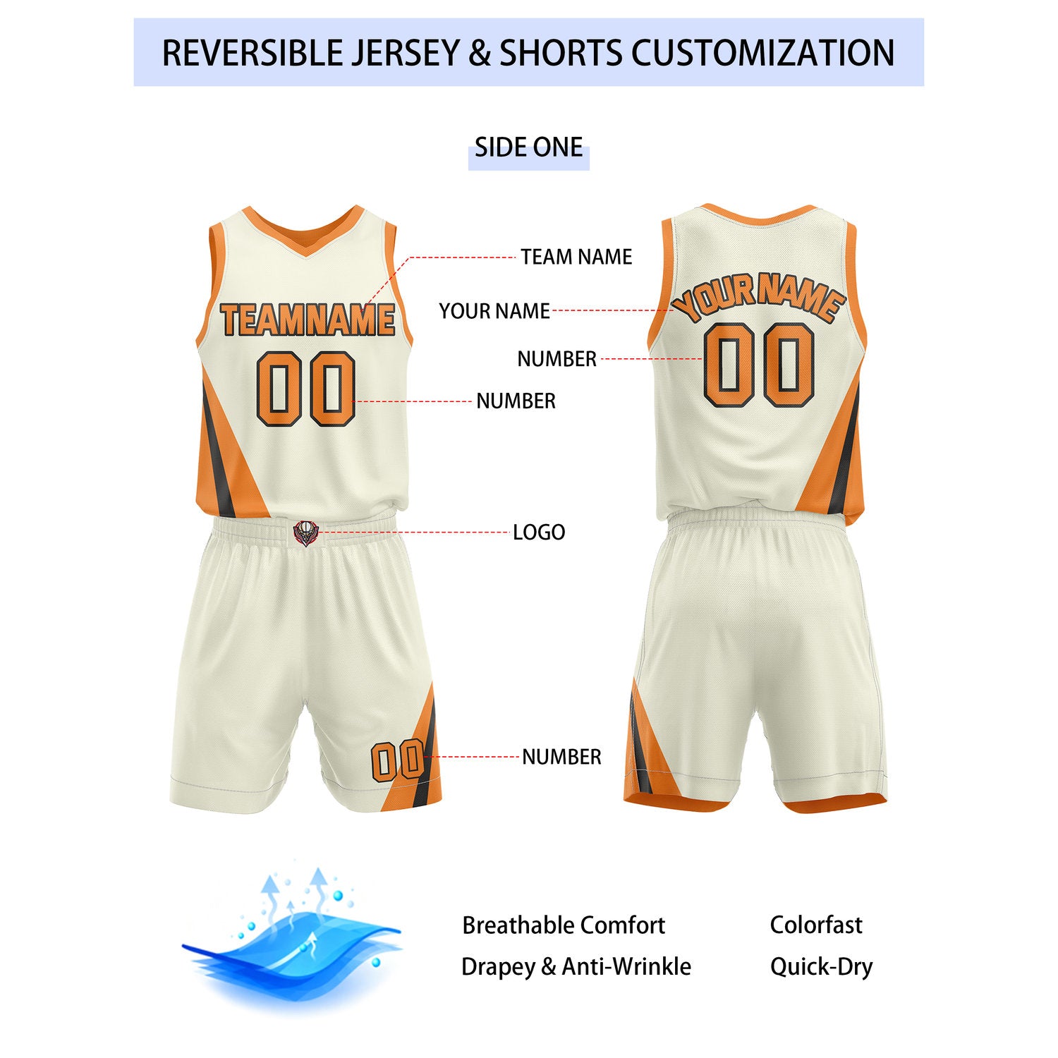 Custom Reversible Orange Cream Basketball Uniform Set | Team & Player Name - Vosoli