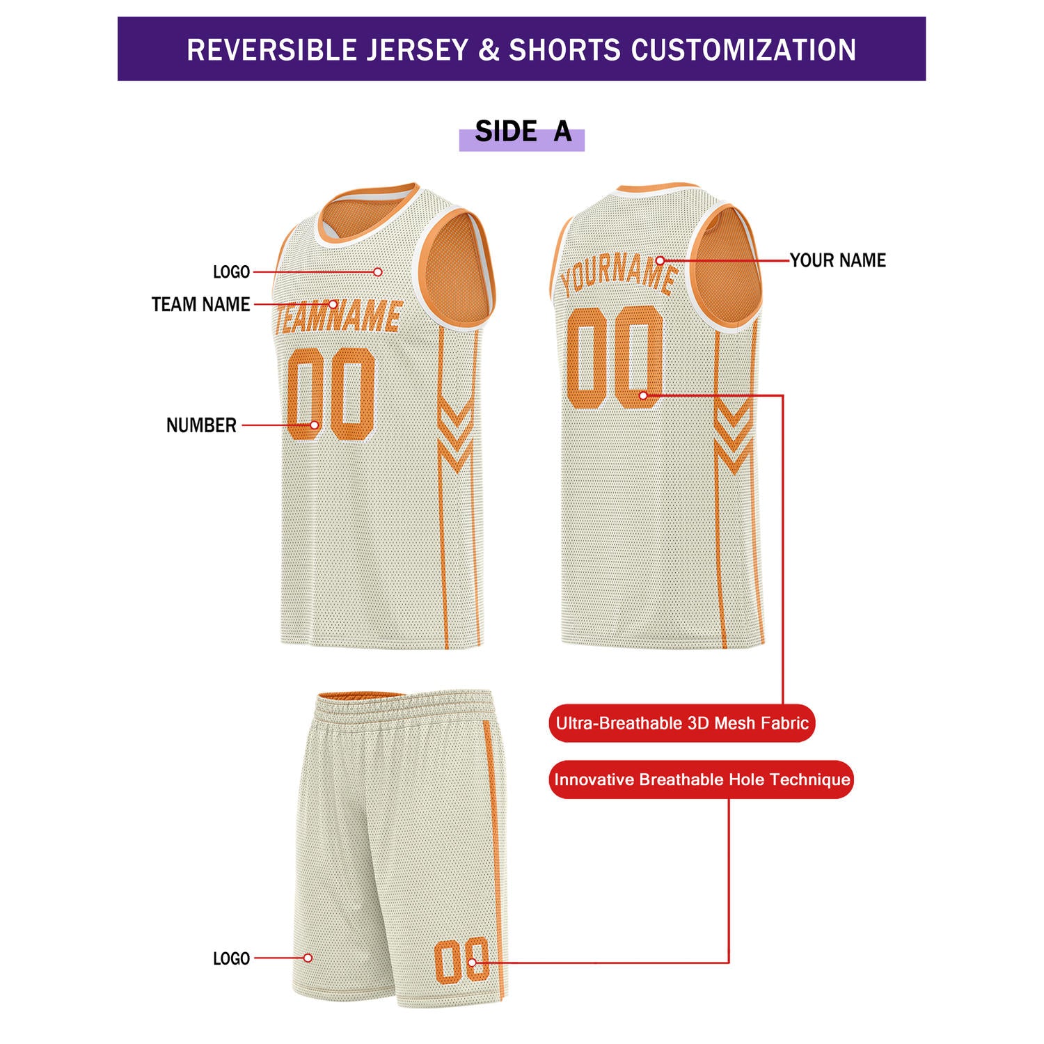 Custom reversible orange & light beige basketball uniform set, personalized with team name number and logo, breathable mesh fabric for men women youth game practice - Vosoli