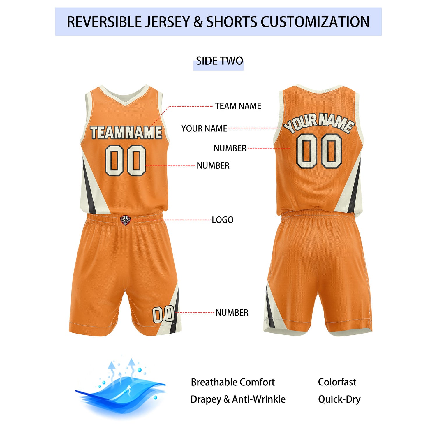 Custom Reversible Orange Cream Basketball Uniform Set | Team & Player Name - Vosoli