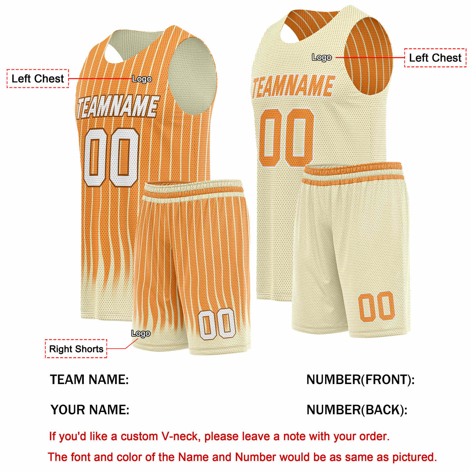 Custom Reversible Basketball Jersey + Shorts Set (Orange & Cream Stripe) - Personalized Team Name, Number & LOGO | Vosoli