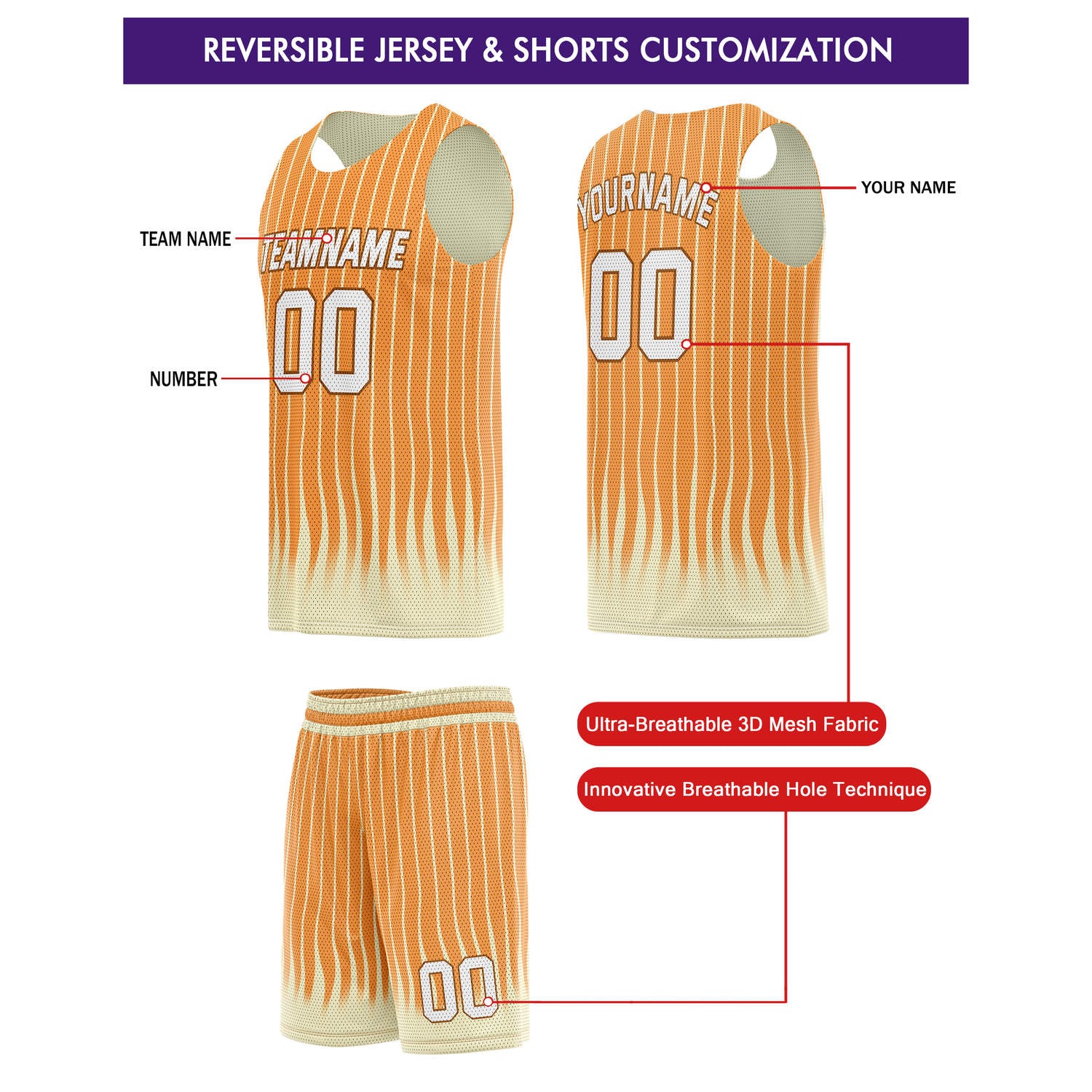 Custom Reversible Basketball Jersey + Shorts Set (Orange & Cream Stripe) - Personalized Team Name, Number & LOGO | Vosoli