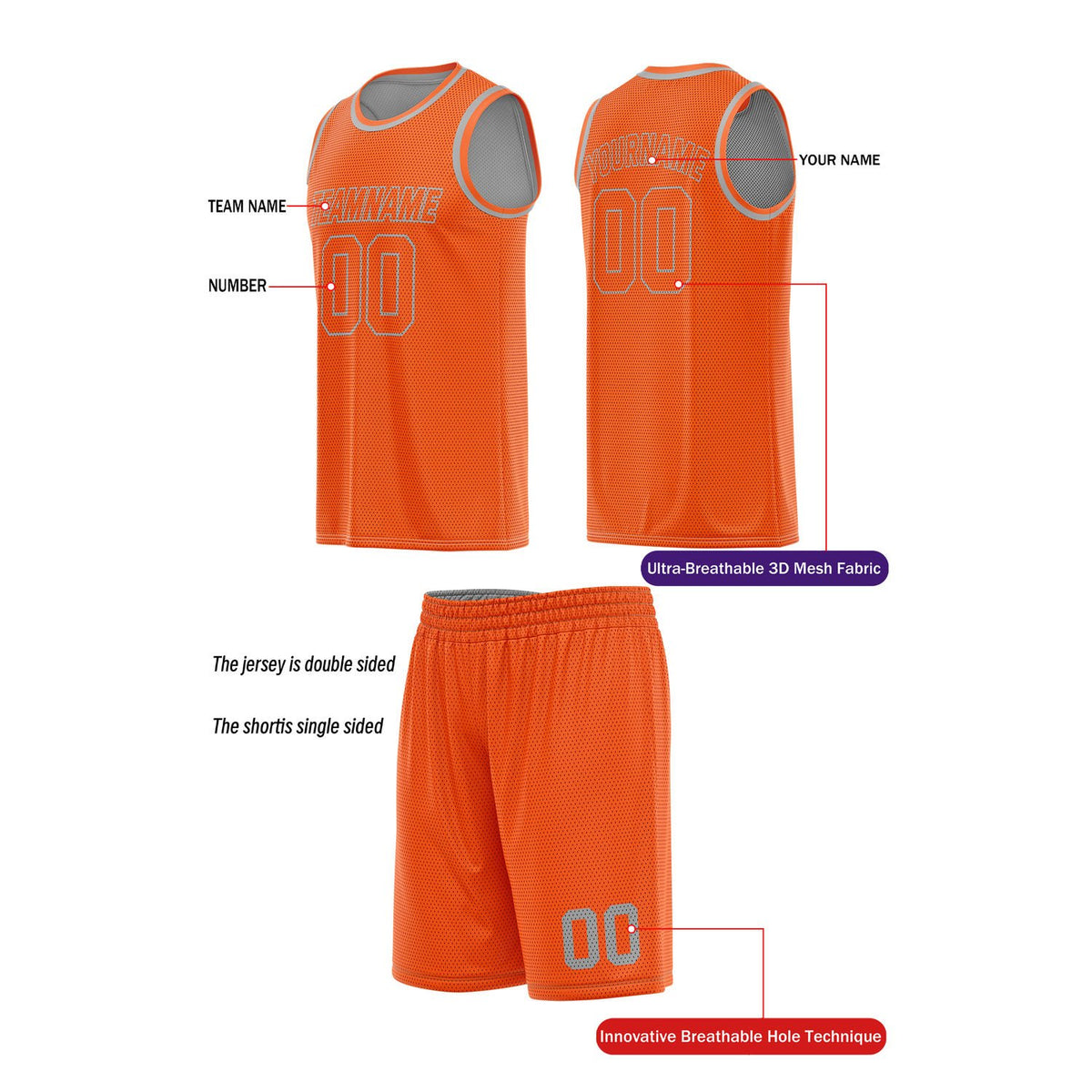 Custom Reversible Orange & Gray Basketball Uniform (Jersey + Shorts) | Personalized Team Set | Vosoli