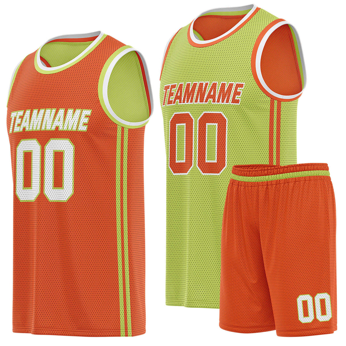 Custom reversible orange &amp; lime basketball uniform (jersey + shorts), personalized team name number logo breathable mesh sports set for men women youth game practice - Vosoli