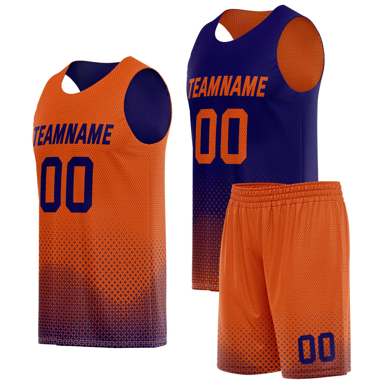 Custom reversible orange navy basketball uniform, personalized team name number logo breathable Mesh sports set for men women youth game practice wear - Vosoli