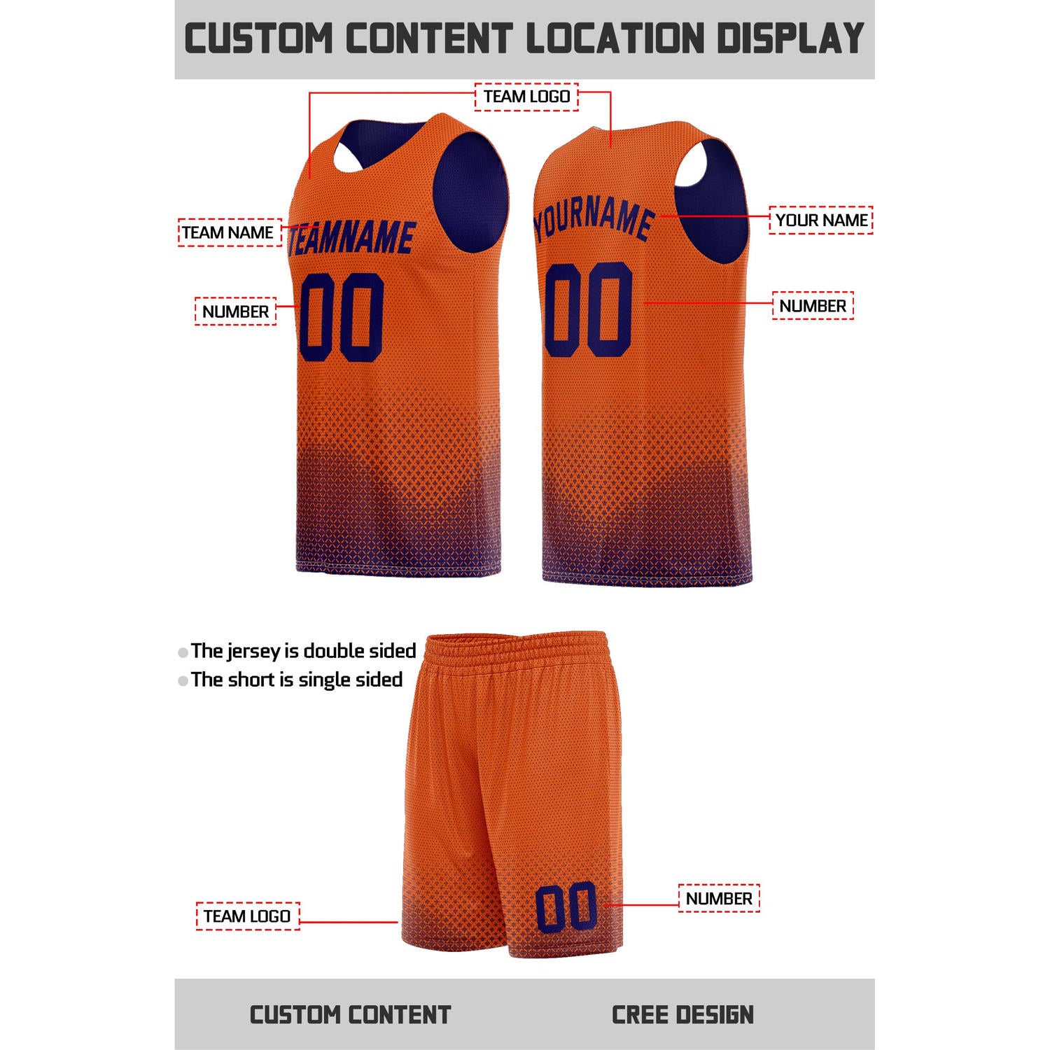 Custom reversible orange navy basketball uniform, personalized team name number logo breathable Mesh sports set for men women youth game practice wear - Vosoli