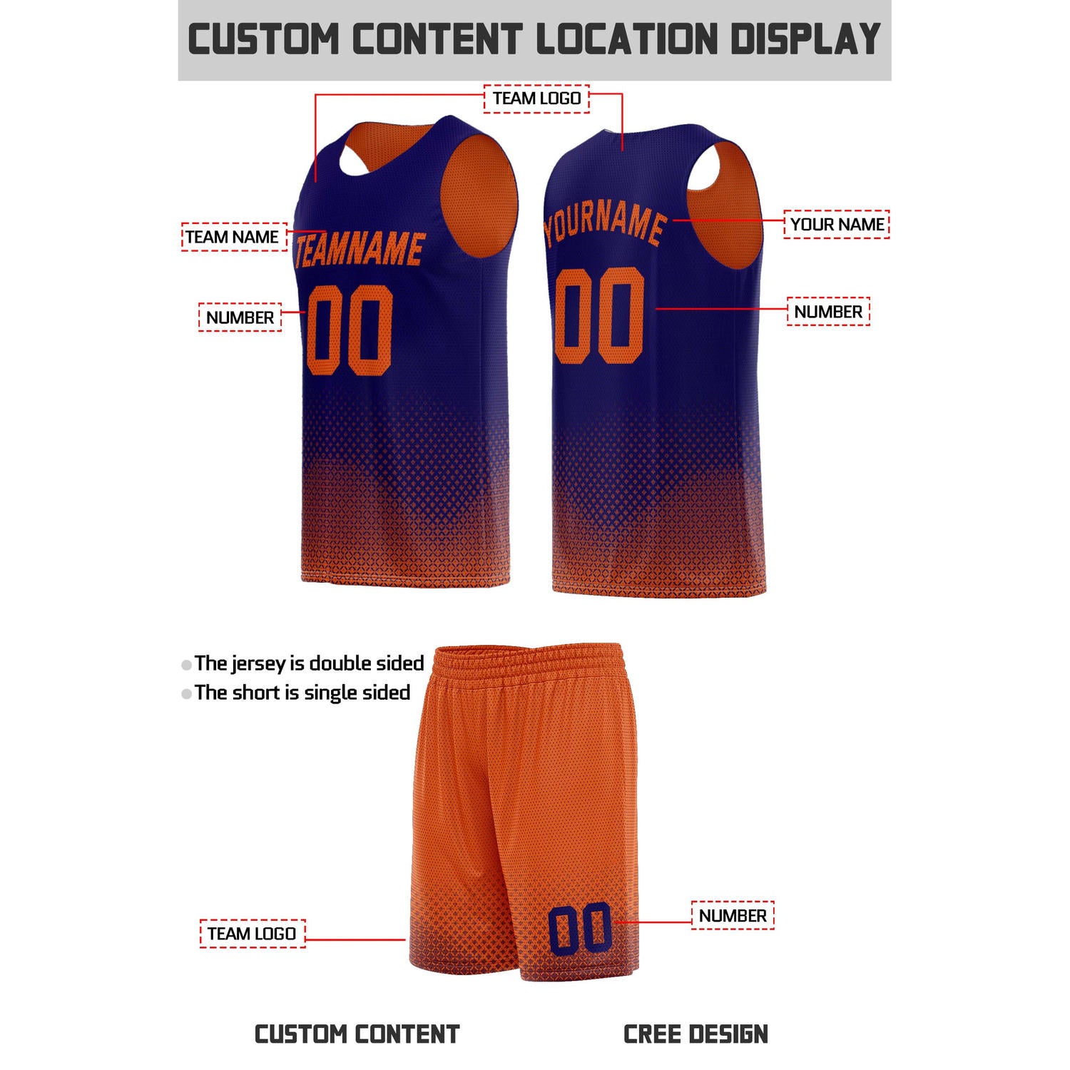 Custom Reversible Orange & Navy Mesh Basketball Uniform | Personalized Team Set | Vosoli