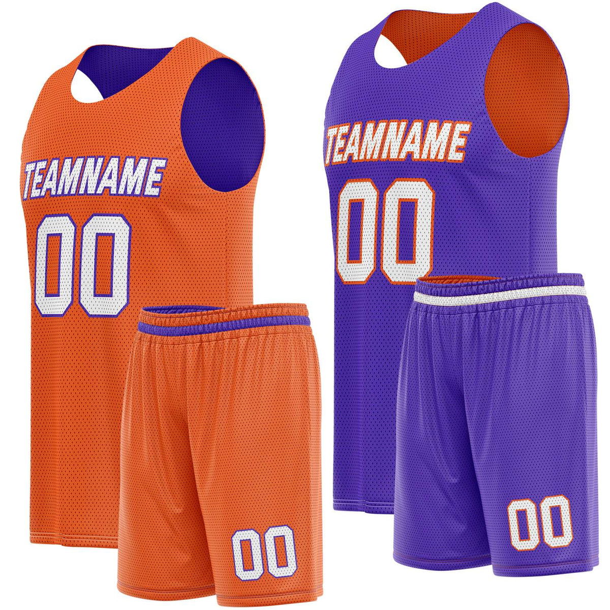 Custom Reversible Orange Purple Basketball Jersey Shorts Set, Personalized Team Name Number, Breathable Mesh Uniform for Men Women Youth