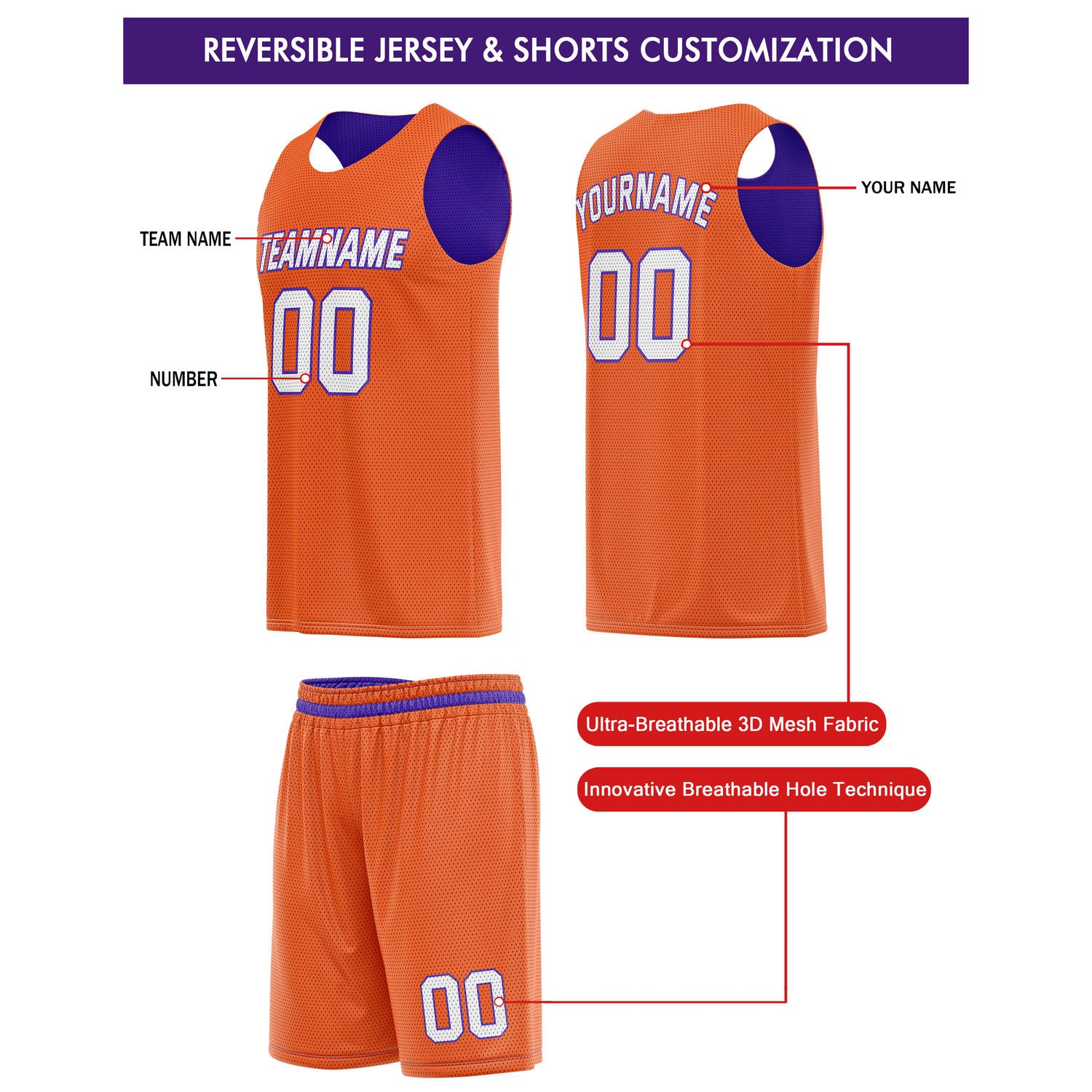 Custom Reversible Orange Purple Basketball Jersey Shorts Set, Personalized Team Name Number, Breathable Mesh Uniform for Men Women Youth