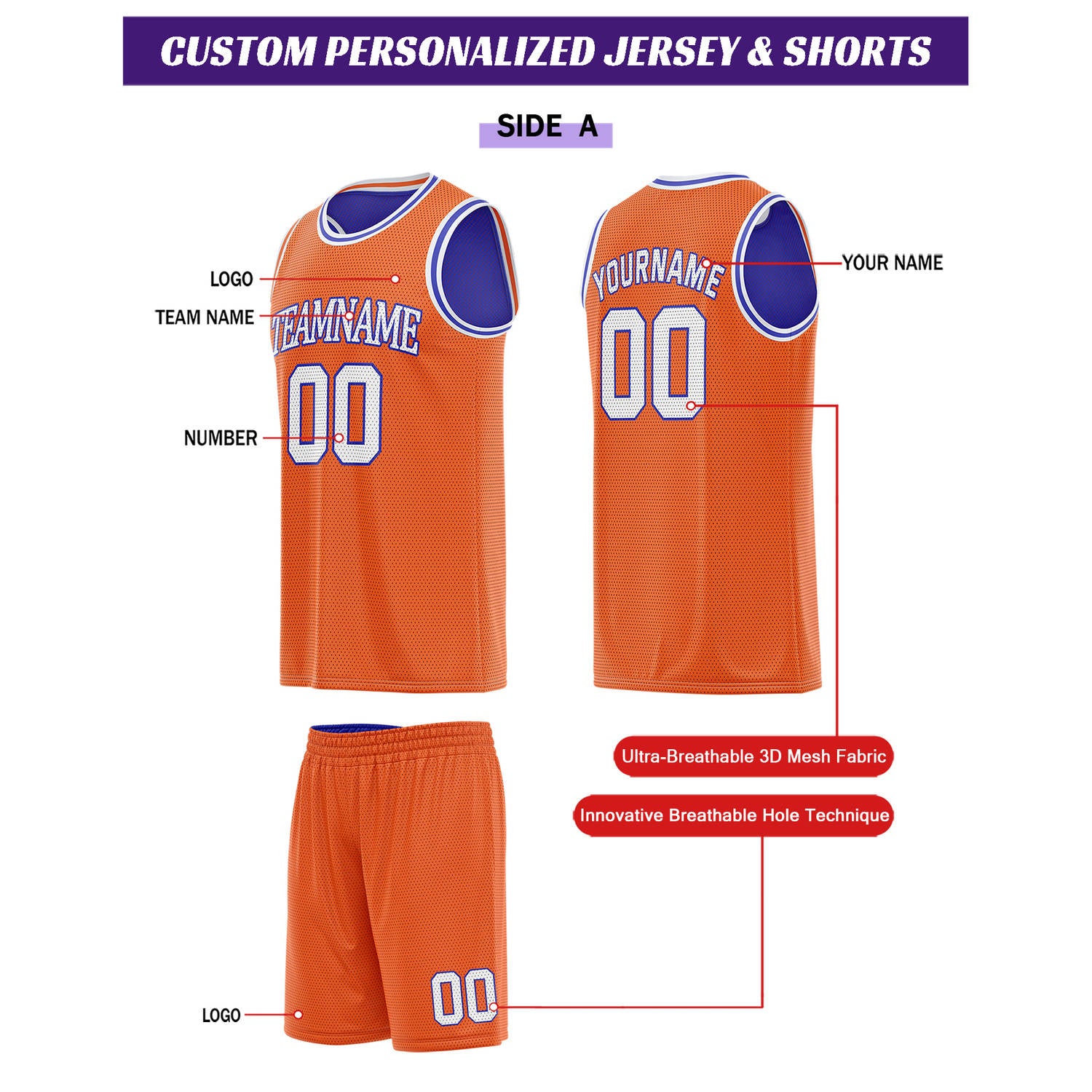 Custom reversible orange & blue basketball uniform set, personalized team name number logo breathable mesh sports jersey and shorts for men women youth game practice - Vosoli