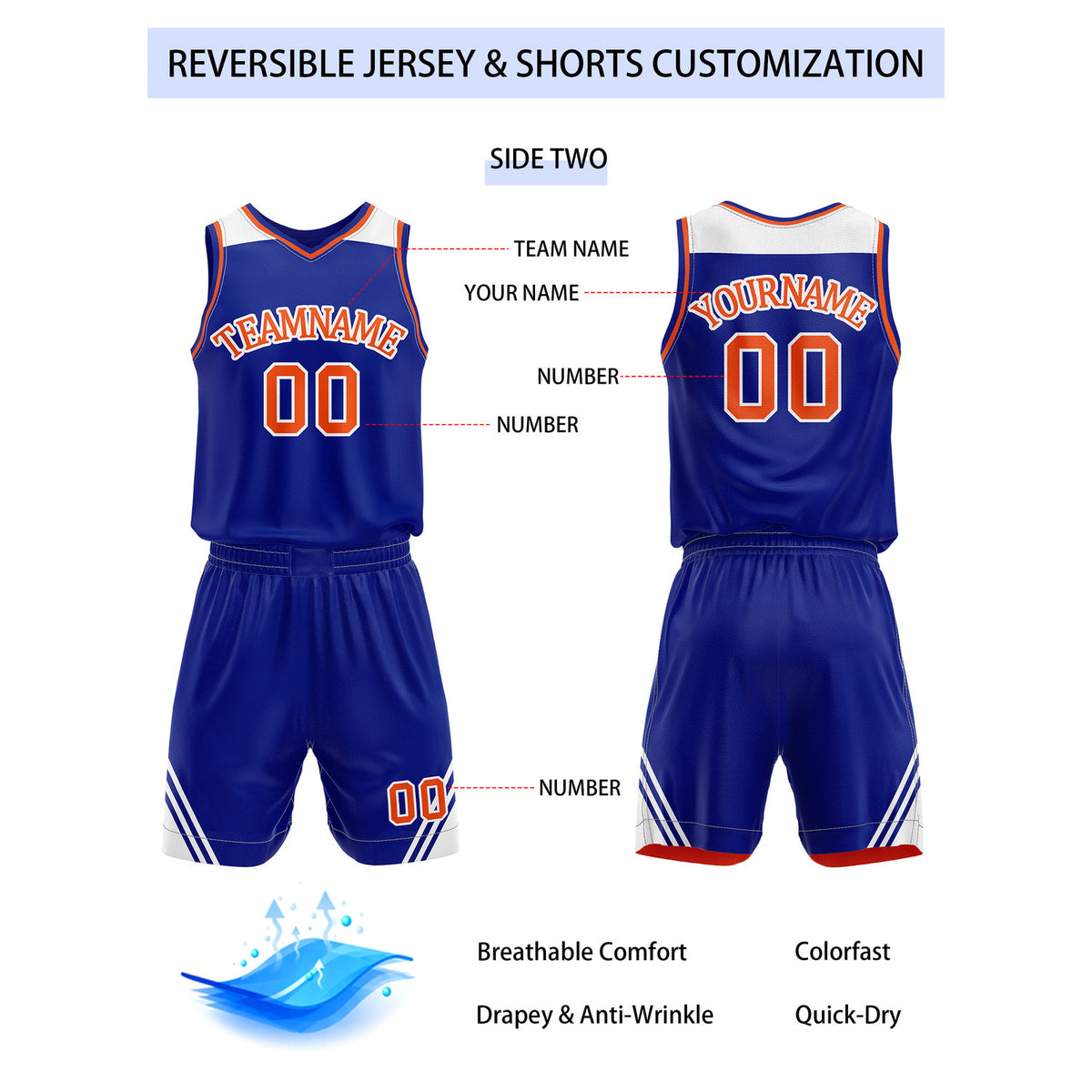 Custom Reversible Orange Royal Blue Basketball Uniform Set | Team Name & Number - Vosoli