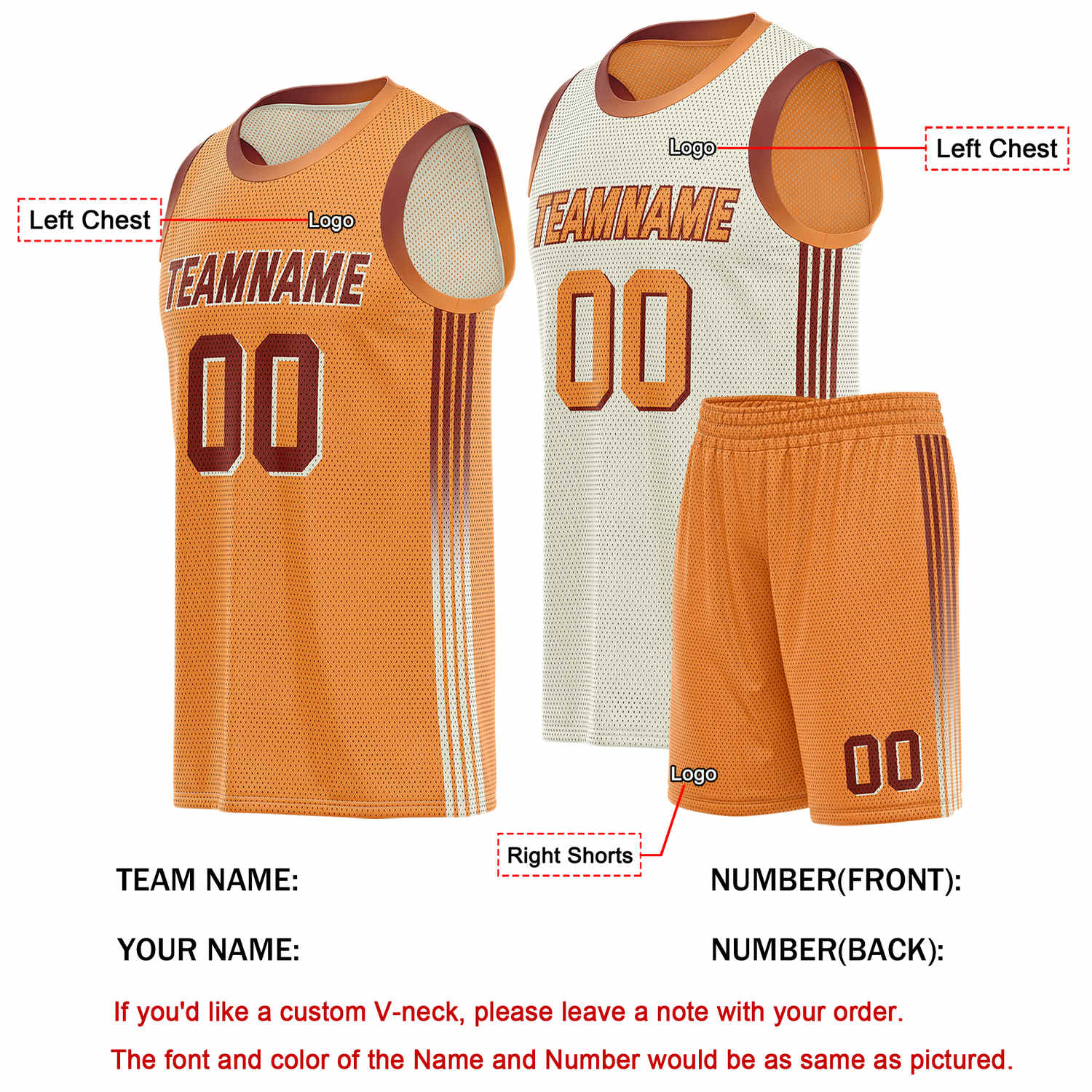 Custom Reversible Orange  Basketball Uniform Set | Team & Player Name - Vosoli
