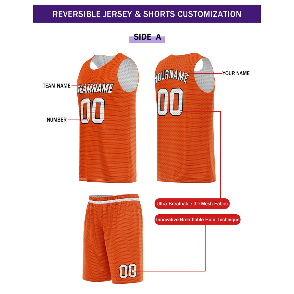 Custom Reversible Orange White Basketball Uniform Set | Team Name & Number - Vosoli