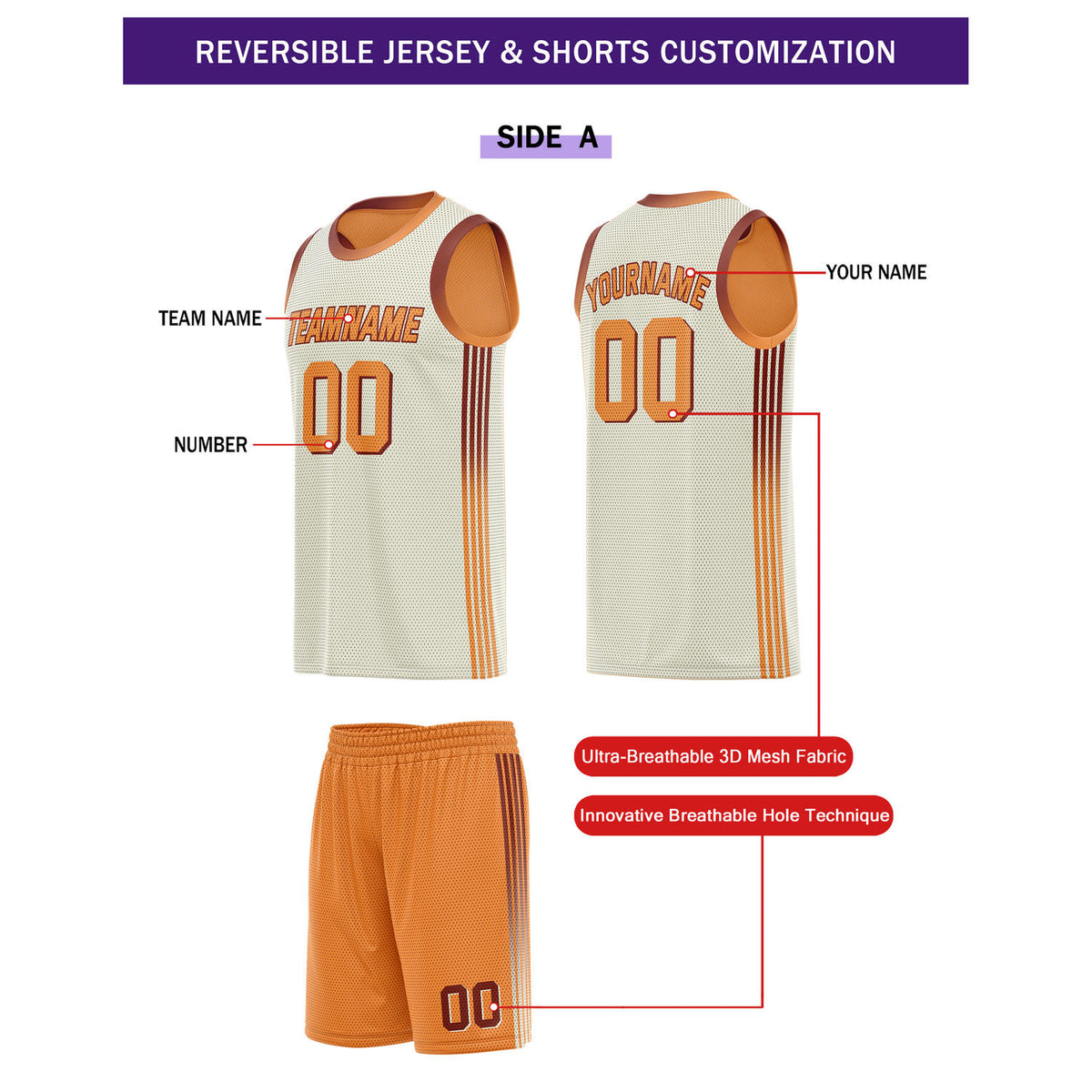 Custom Reversible Orange  Basketball Uniform Set | Team & Player Name - Vosoli