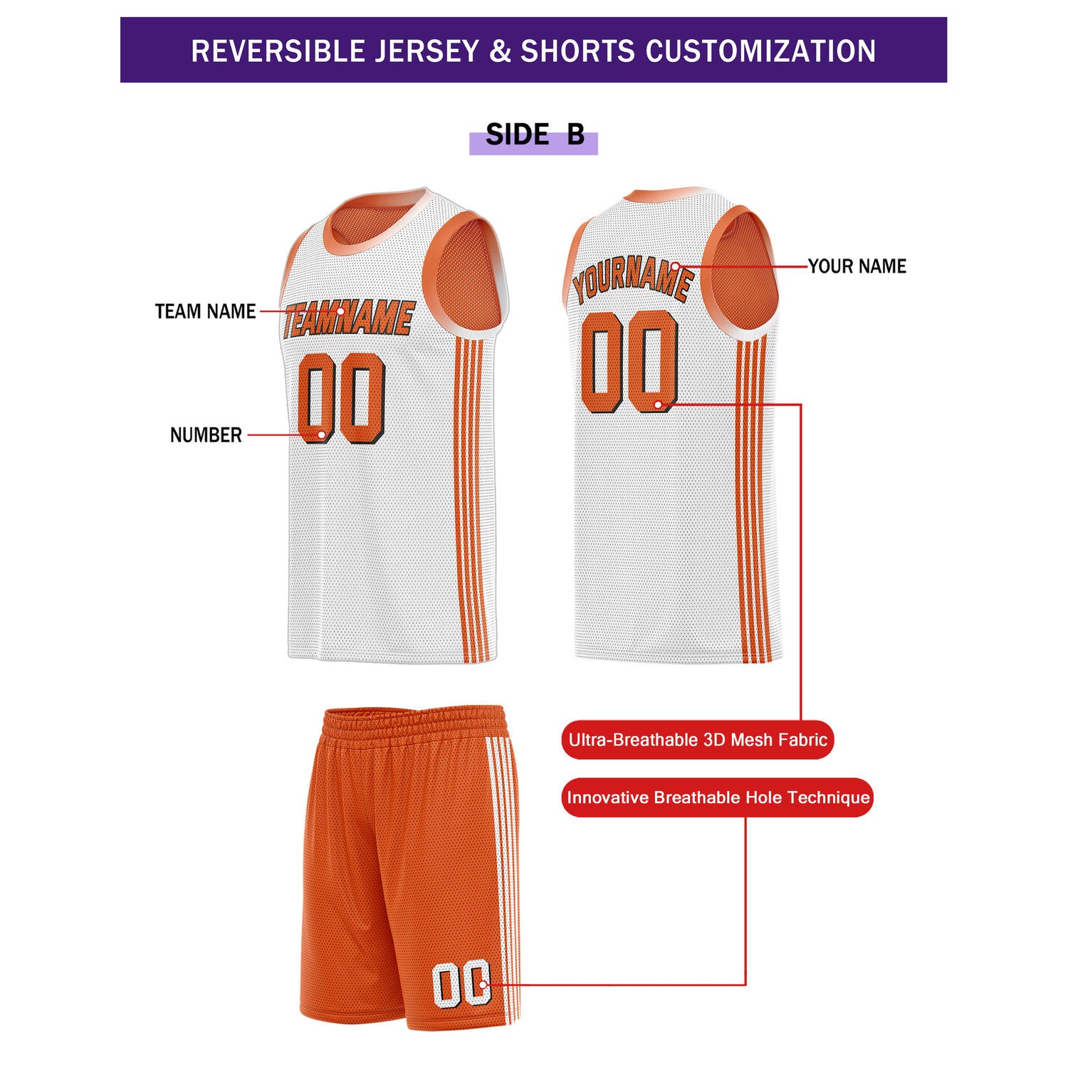 Custom Reversible Orange White Basketball Uniform Set | Team & Player Name - Vosoli