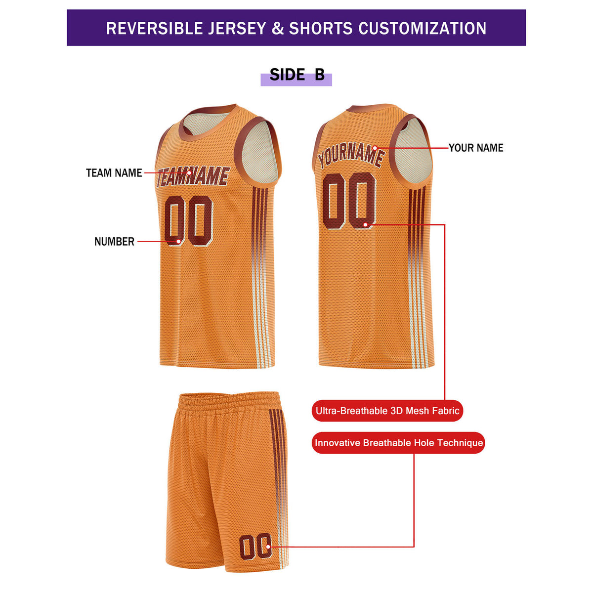 Custom Reversible Orange  Basketball Uniform Set | Team & Player Name - Vosoli