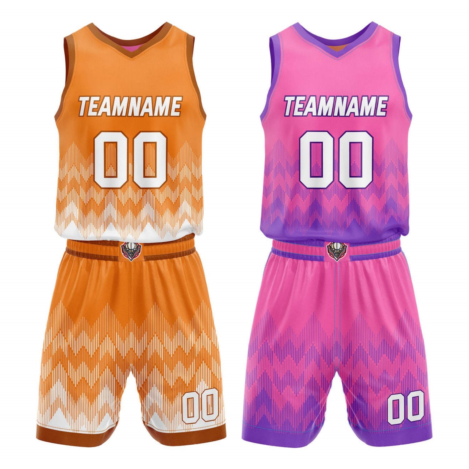 Custom Reversible Basketball Jersey + Shorts Set (Orange-White & Pink-Purple Gradient Zigzag) - Personalized Team Name, Number & LOGO | Vosoli