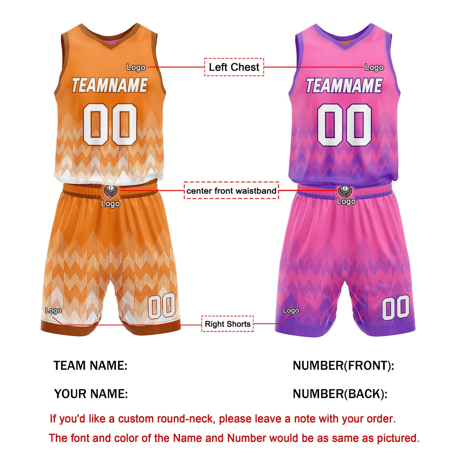 Custom Reversible Basketball Jersey + Shorts Set (Orange-White & Pink-Purple Gradient Zigzag) - Personalized Team Name, Number & LOGO | Vosoli