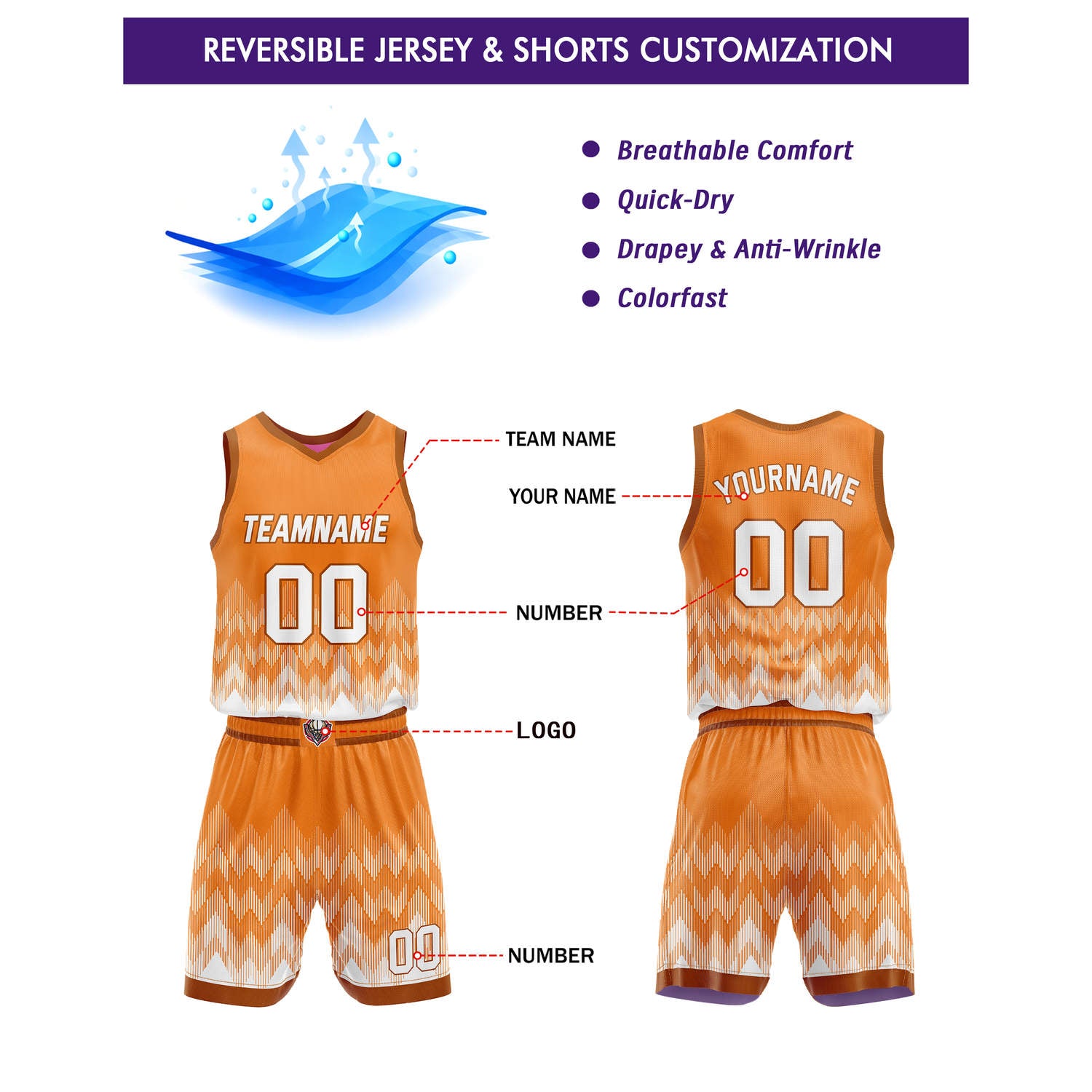 Custom Reversible Basketball Jersey + Shorts Set (Orange-White & Pink-Purple Gradient Zigzag) - Personalized Team Name, Number & LOGO | Vosoli