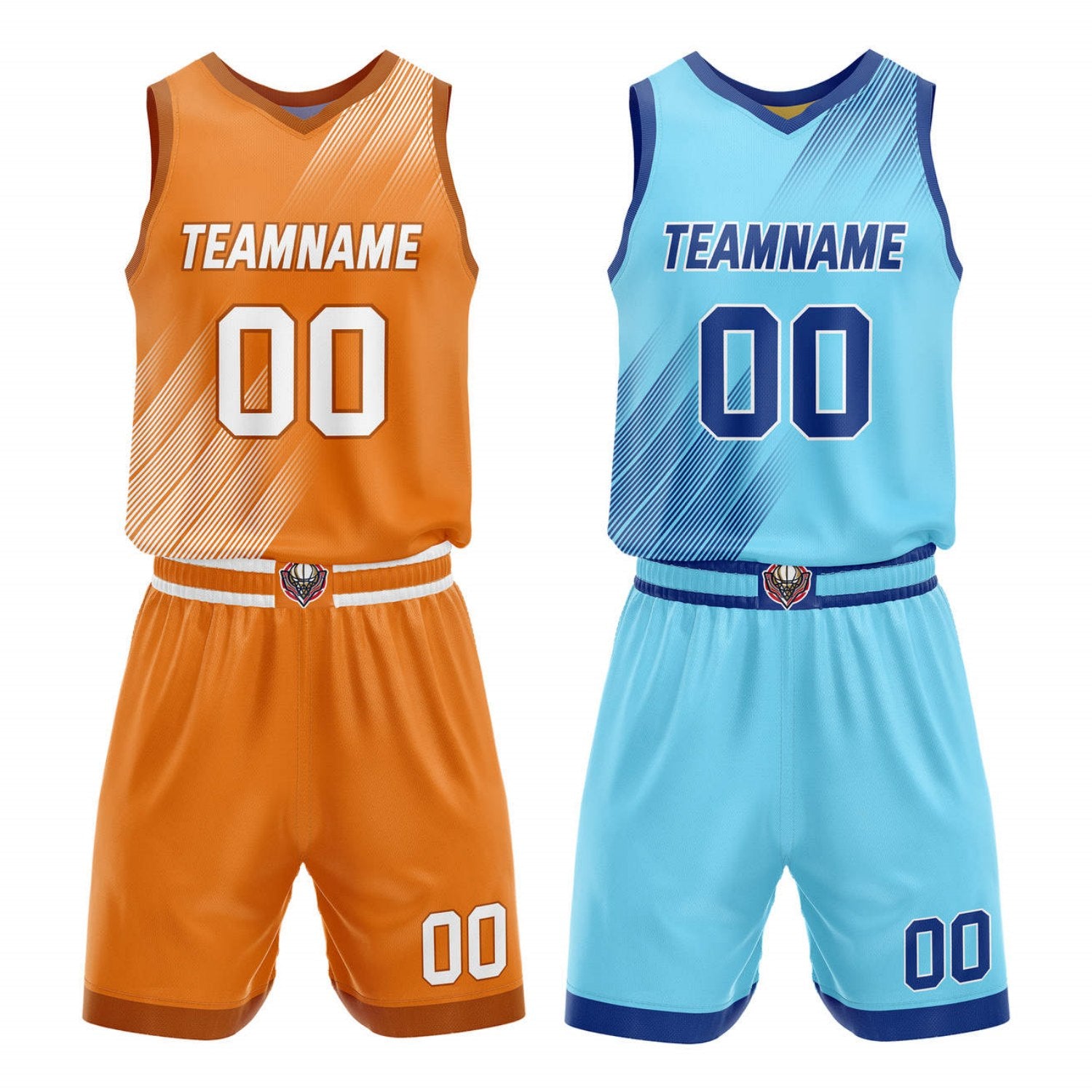 Custom Reversible Basketball Jersey + Shorts Set (Orange-White & Light Blue-Navy Line Pattern) - Personalized Team Name, Number & LOGO | Vosoli