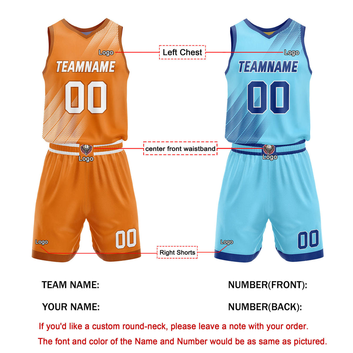 Custom Reversible Basketball Jersey + Shorts Set (Orange-White & Light Blue-Navy Line Pattern) - Personalized Team Name, Number & LOGO | Vosoli