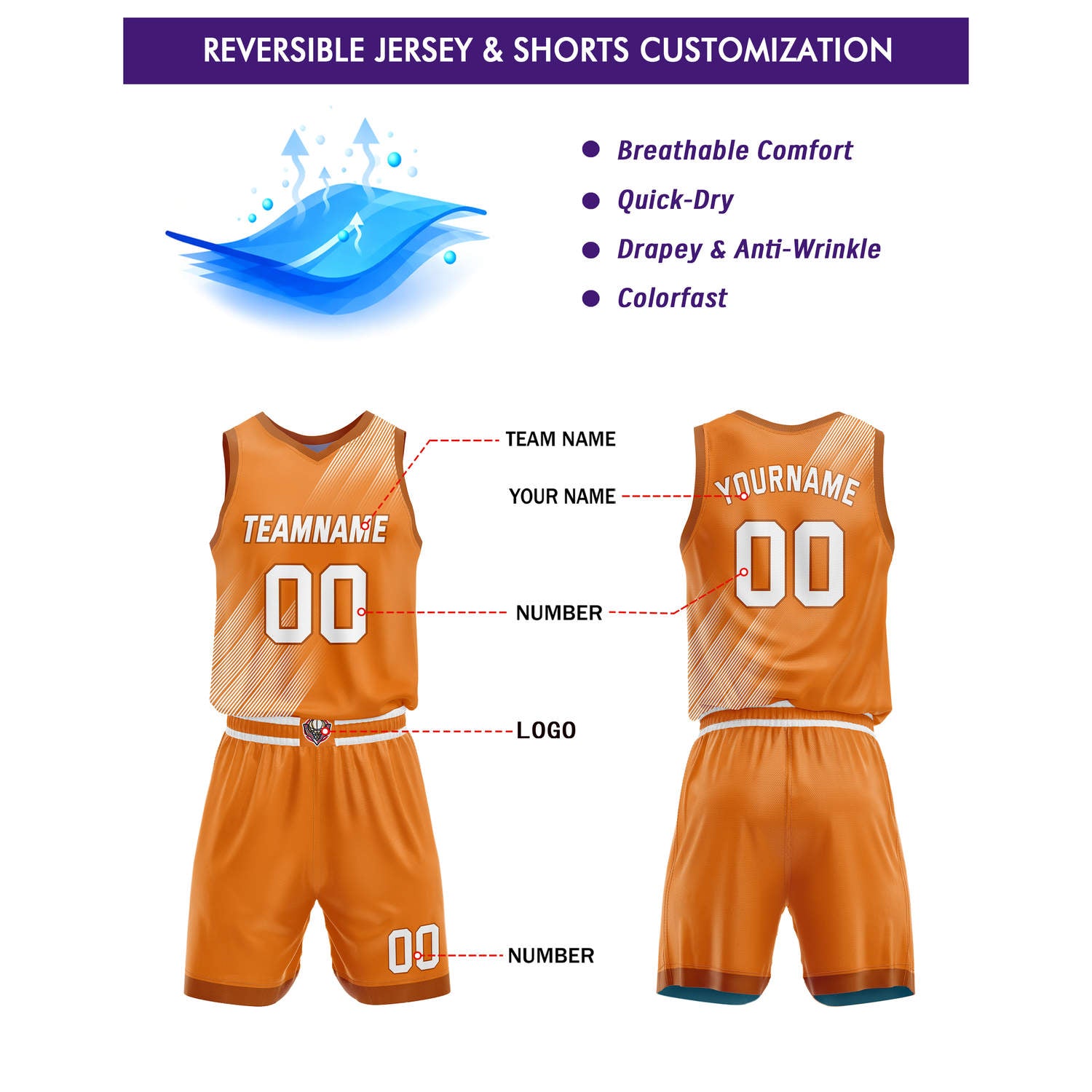 Custom Reversible Basketball Jersey + Shorts Set (Orange-White & Light Blue-Navy Line Pattern) - Personalized Team Name, Number & LOGO | Vosoli