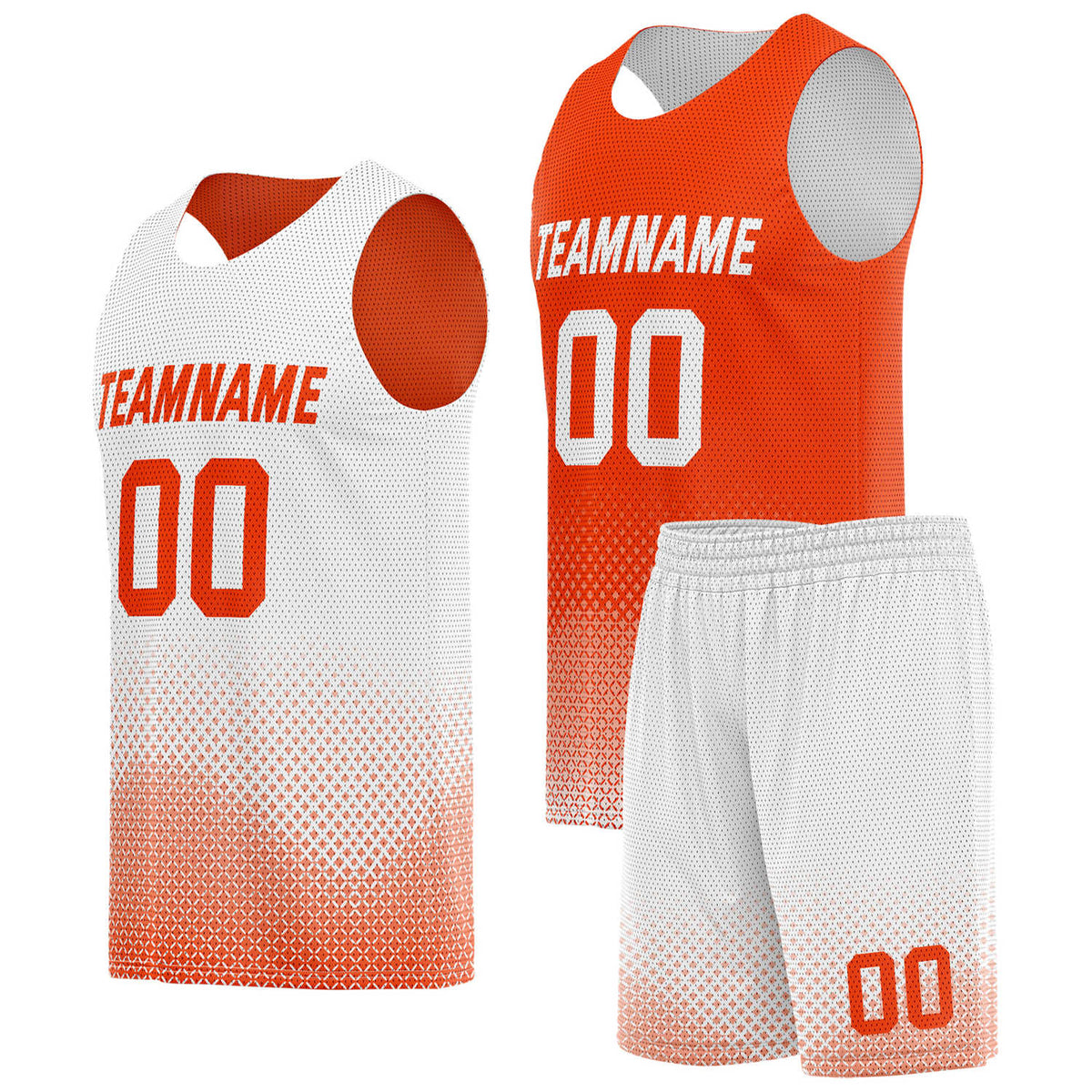 Custom reversible orange white basketball uniform, personalized team name number logo breathable Mesh sports set for men women youth game practice wear - Vosoli