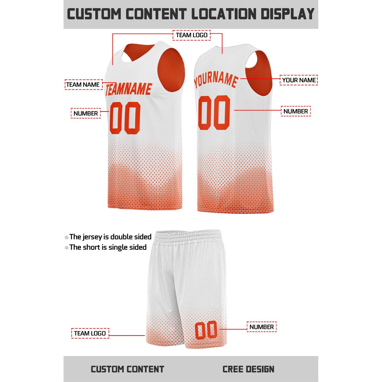 Custom reversible orange white basketball uniform, personalized team name number logo breathable Mesh sports set for men women youth game practice wear - Vosoli