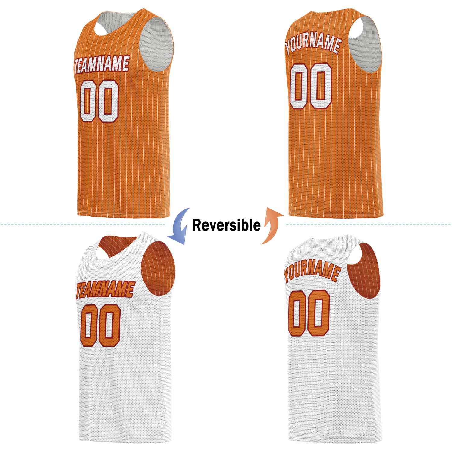 Custom Reversible Orange White Pinstripe Basketball Jersey, Personalized Team Name Number Breathable Mesh Uniform for Men Women Youth