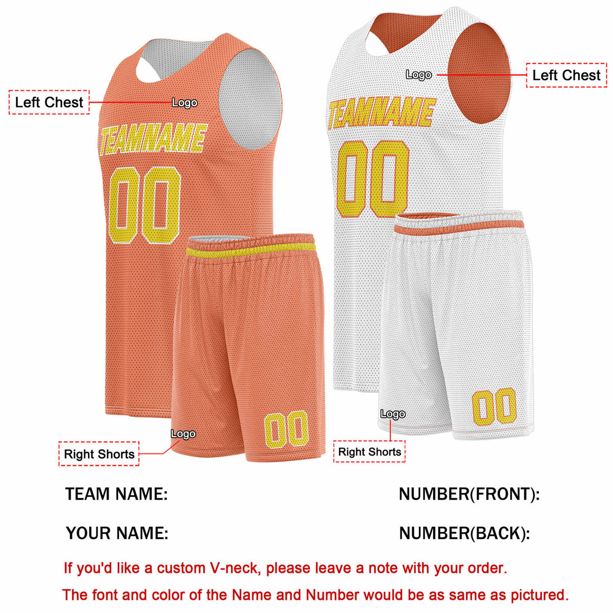 Custom Reversible Orange White Basketball Uniform Set | Team Name & Number - Vosoli