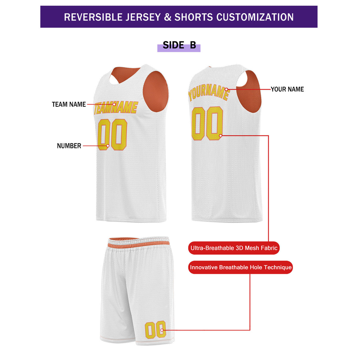 Custom Reversible Orange White Basketball Uniform Set | Team Name & Number - Vosoli