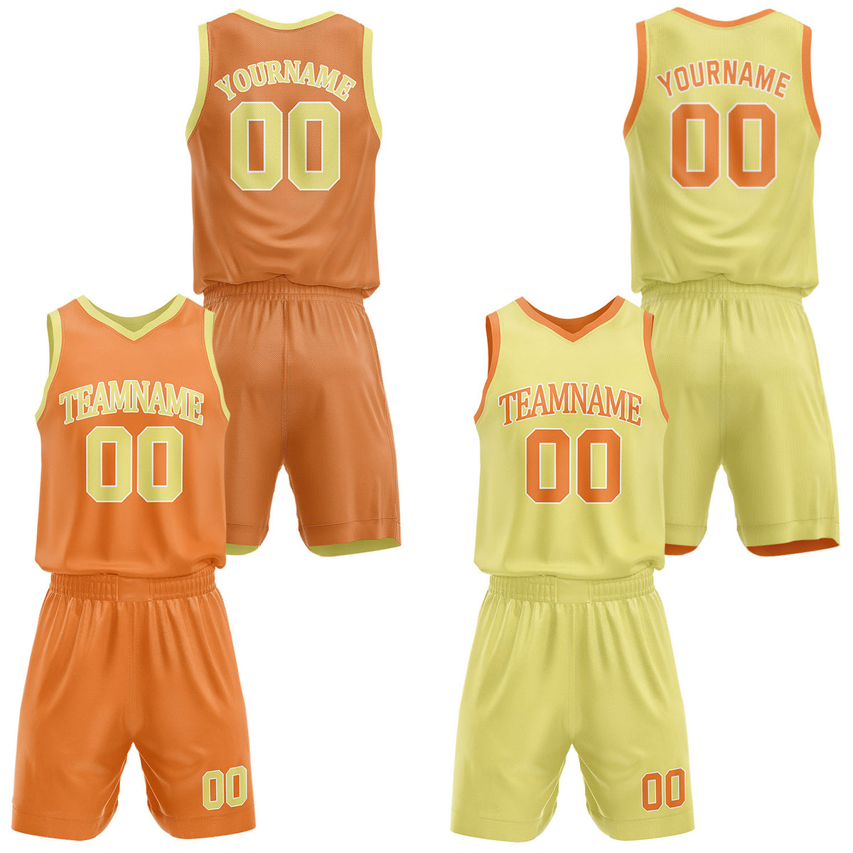 Custom reversible orange &amp; yellow basketball uniform set, personalized with team name number and logo, sports jersey and shorts for men women youth game practice - Vosoli