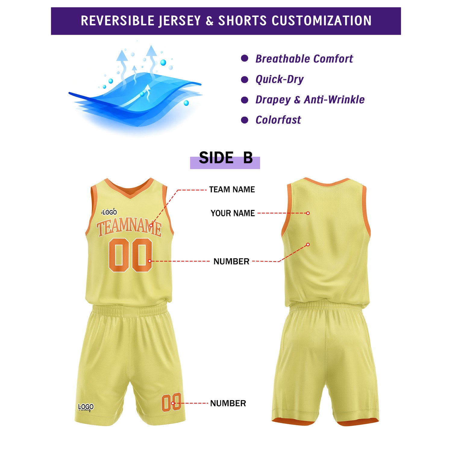 Custom Reversible Orange Yellow Basketball Uniform Set | Team Name & Number - Vosoli