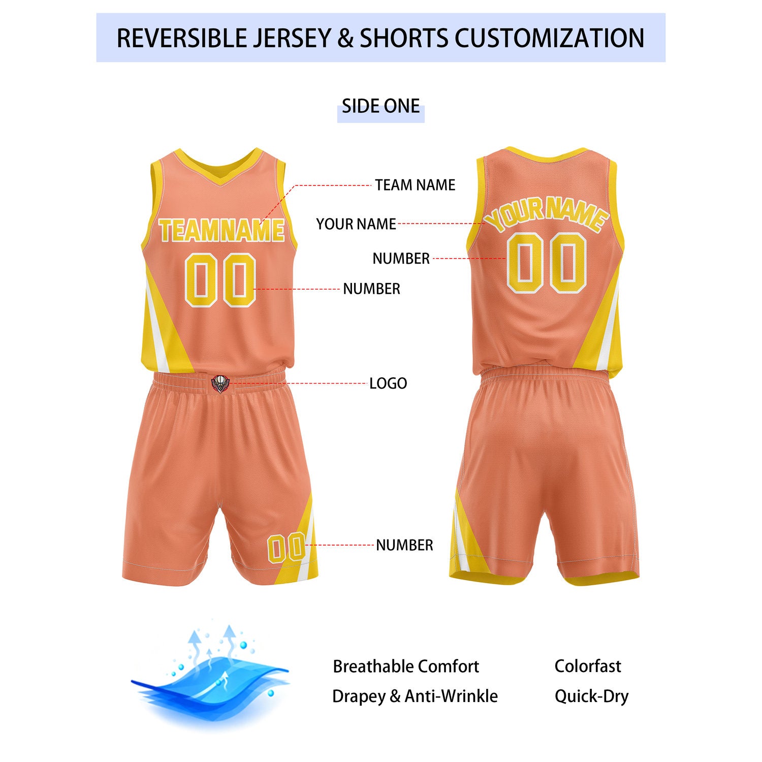 Custom Reversible Peach Yellow Basketball Uniform Set | Team & Player Name - Vosoli