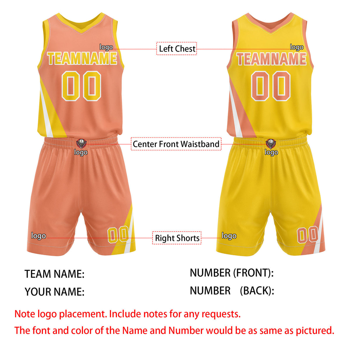 Custom Reversible Peach Yellow Basketball Uniform Set | Team & Player Name - Vosoli