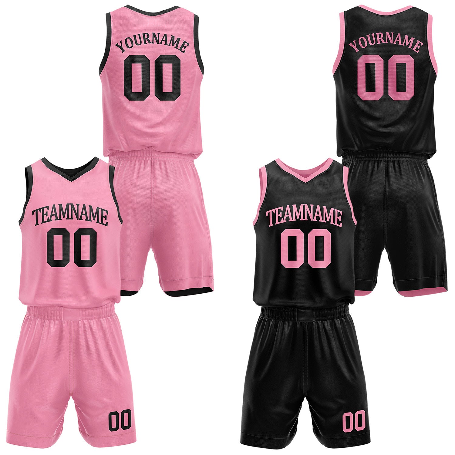 Custom reversible pink & black basketball uniform set, personalized with team name number and logo, sports jersey and shorts for men women youth game practice - Vosoli