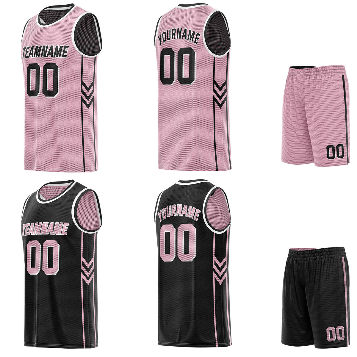 Custom reversible pink &amp; black basketball uniform set, personalized with team name number and logo, breathable mesh fabric for men women youth game practice - Vosoli
