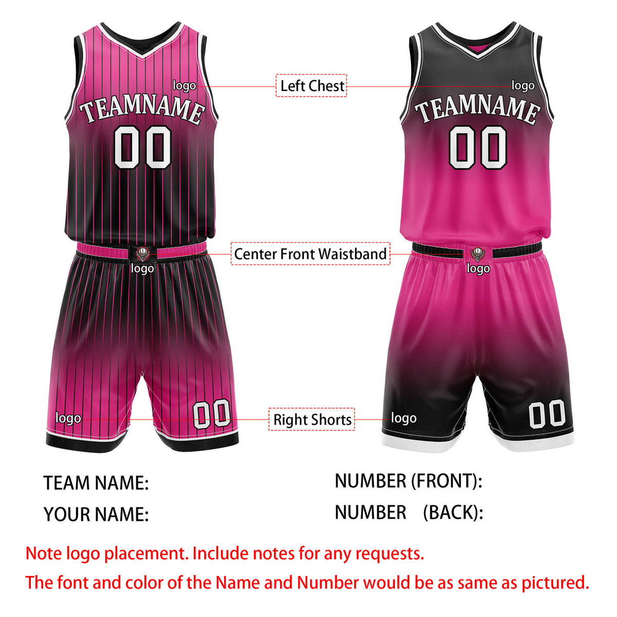 Custom Reversible Pink Black Gradient Striped Basketball Uniform Set | Team & Player Name - Vosoli