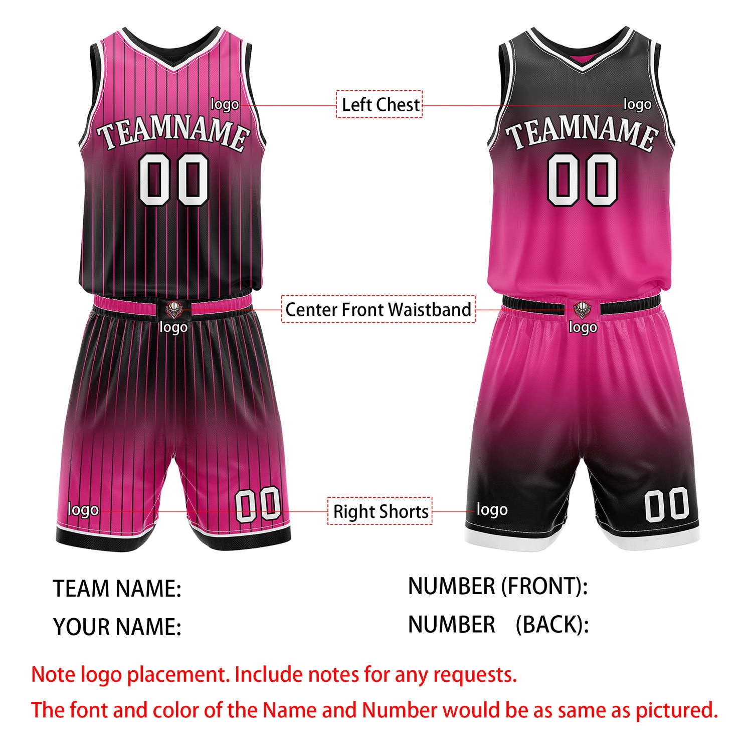 Custom Reversible Pink Black Gradient Striped Basketball Uniform Set | Team & Player Name - Vosoli