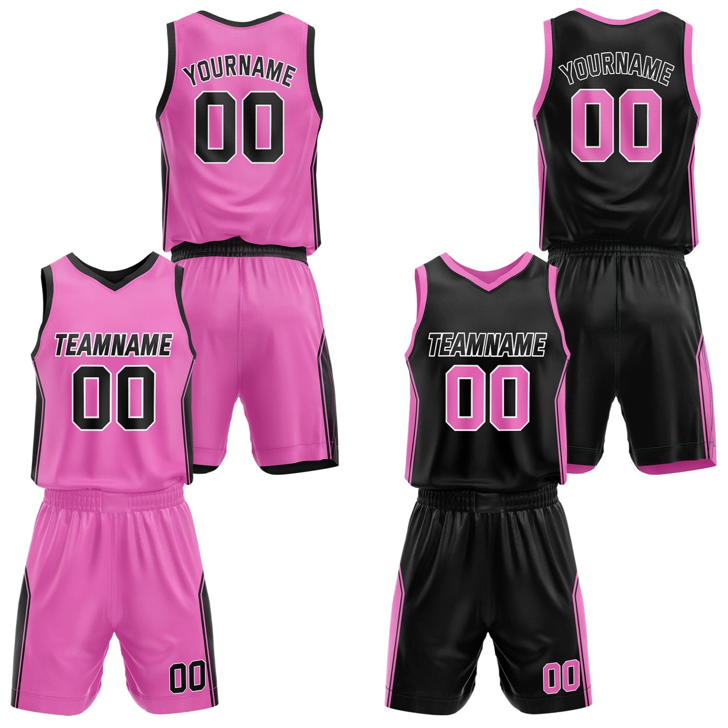 Custom Reversible Pink Black Basketball Jersey and Shorts Set, Personalized Team Name Number Breathable Mesh Uniform for Men Women Youth