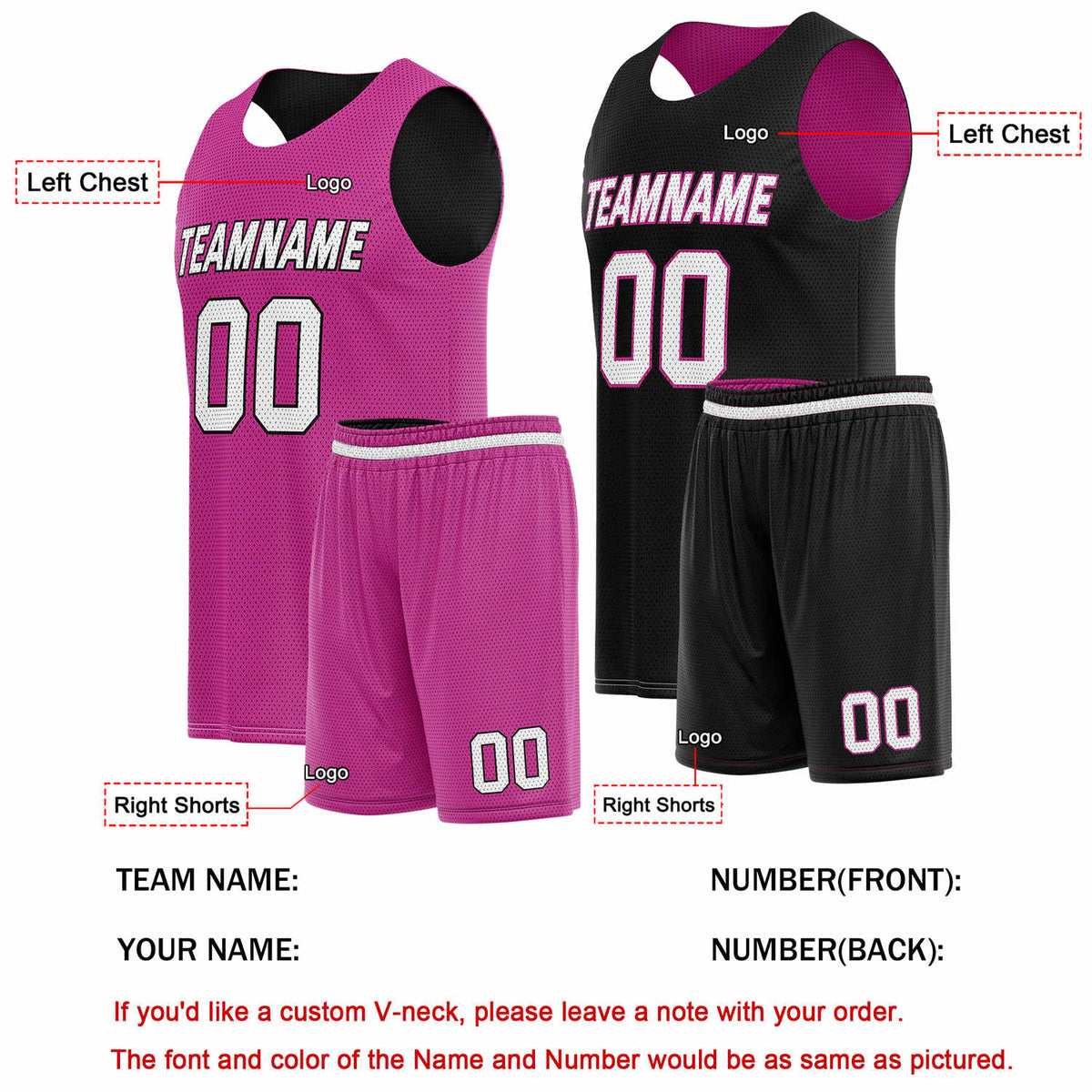 Custom Reversible Pink Black Basketball Uniform Set | Team Name & Number - Vosoli