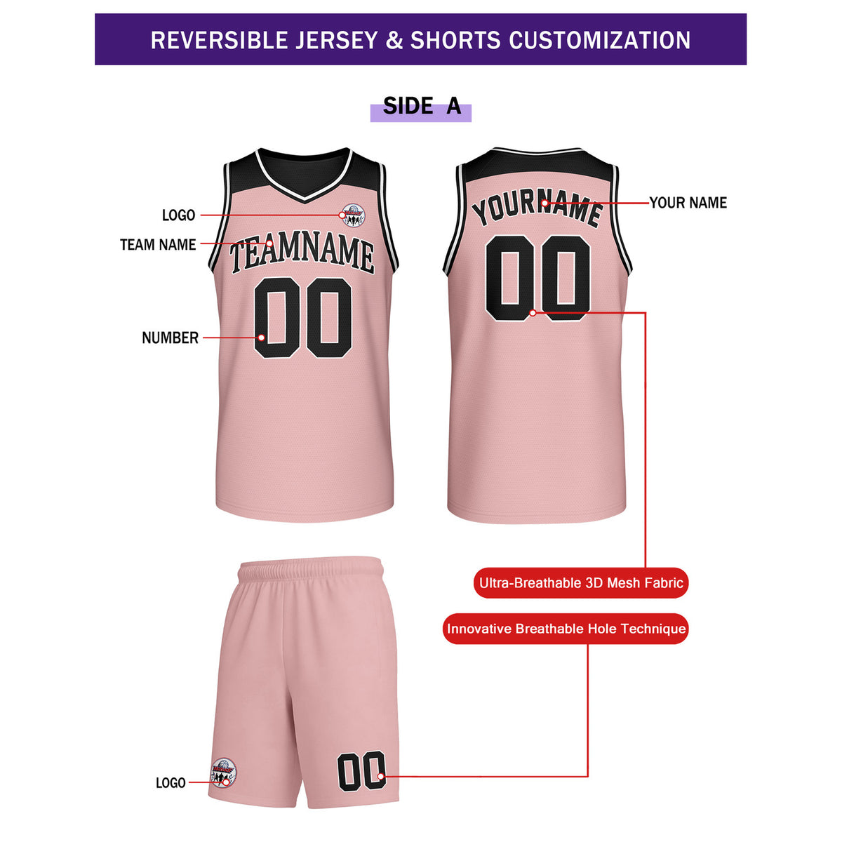 Custom Reversible Pink Black Basketball Uniform Set | Team Name & Number - Vosoli