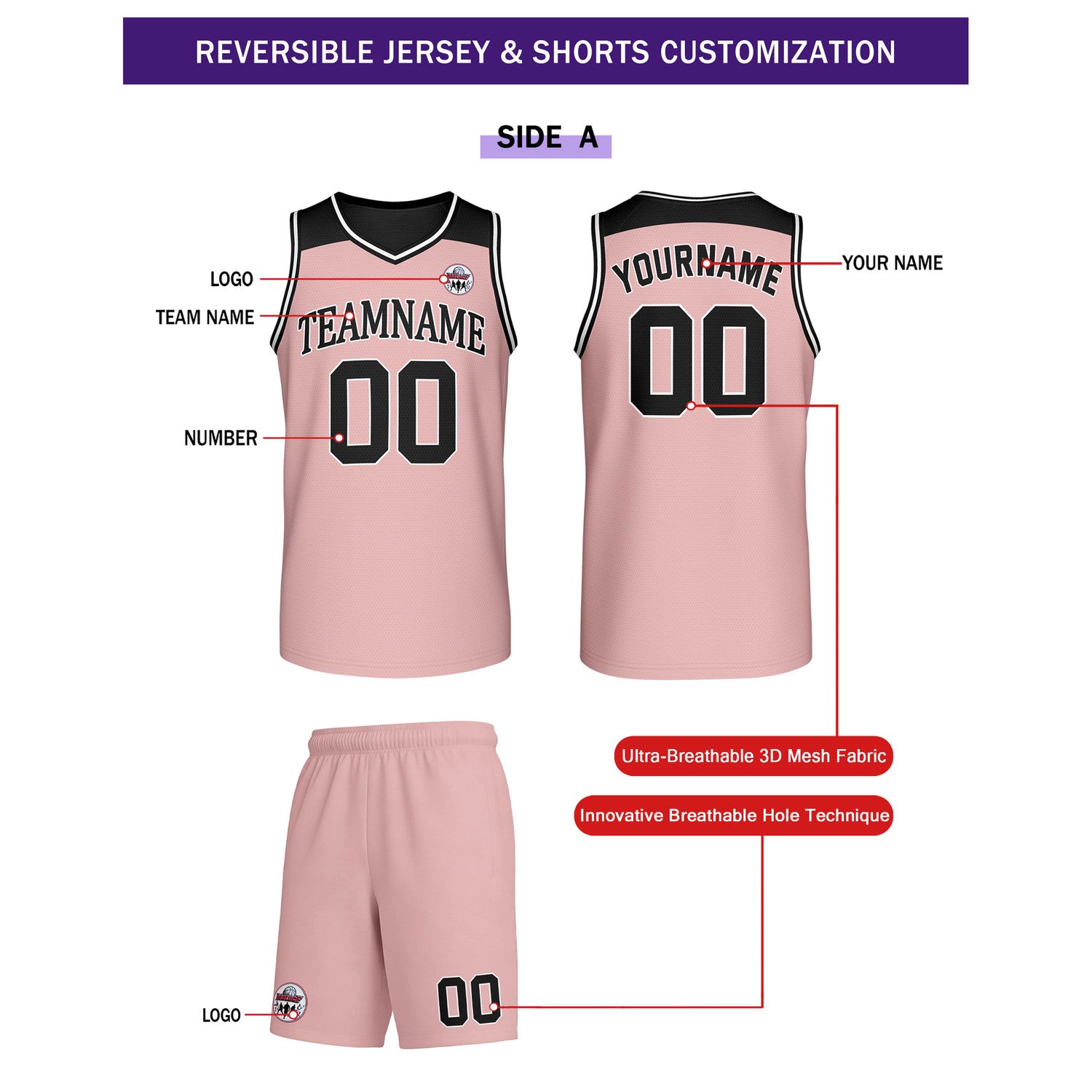 Custom Reversible Pink Black Basketball Uniform Set | Team Name & Number - Vosoli
