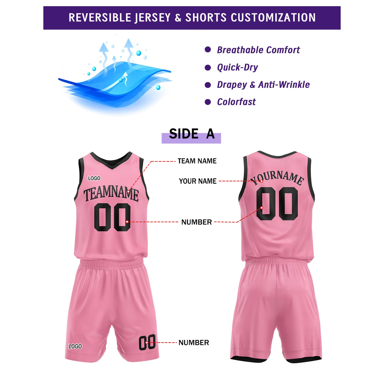 Custom Reversible Pink Black Basketball Uniform Set | Team Name & Number - Vosoli