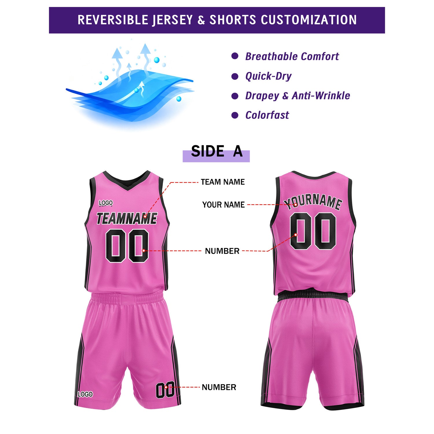 Custom Reversible Pink Black Basketball Jersey and Shorts Set, Personalized Team Name Number Breathable Mesh Uniform for Men Women Youth