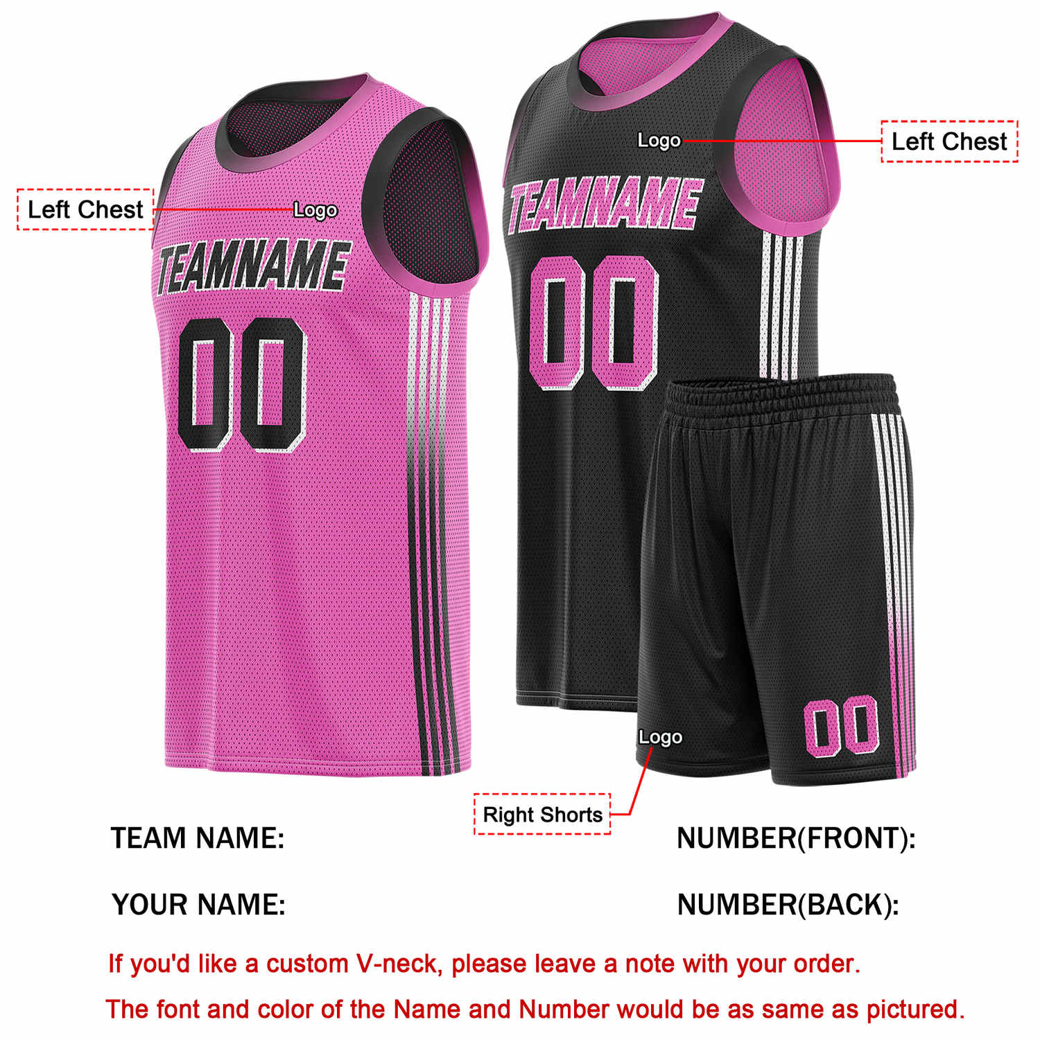 Custom Reversible Pink Black Basketball Uniform Set | Team & Player Name - Vosoli