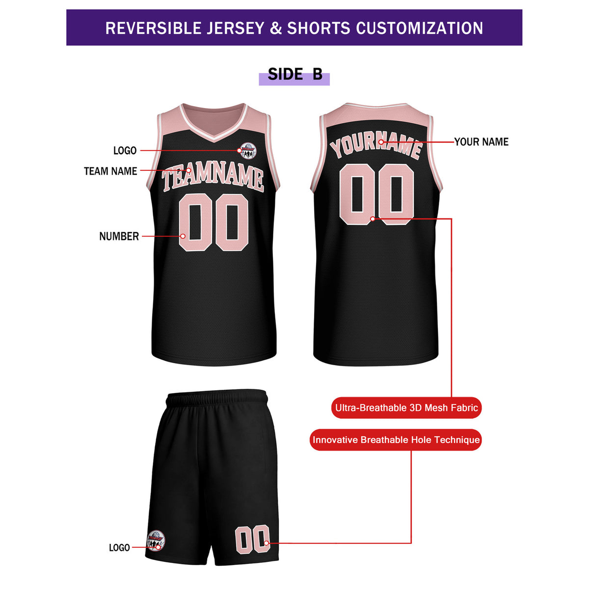 Custom Reversible Pink Black Basketball Uniform Set | Team Name & Number - Vosoli