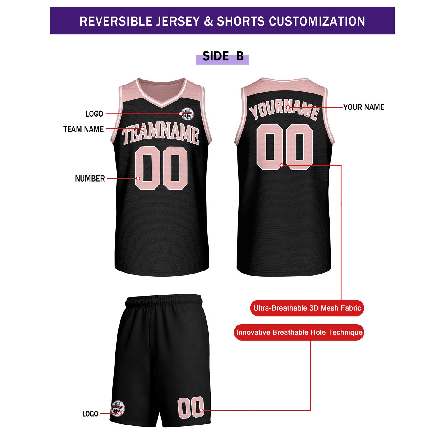 Custom Reversible Pink Black Basketball Uniform Set | Team Name & Number - Vosoli
