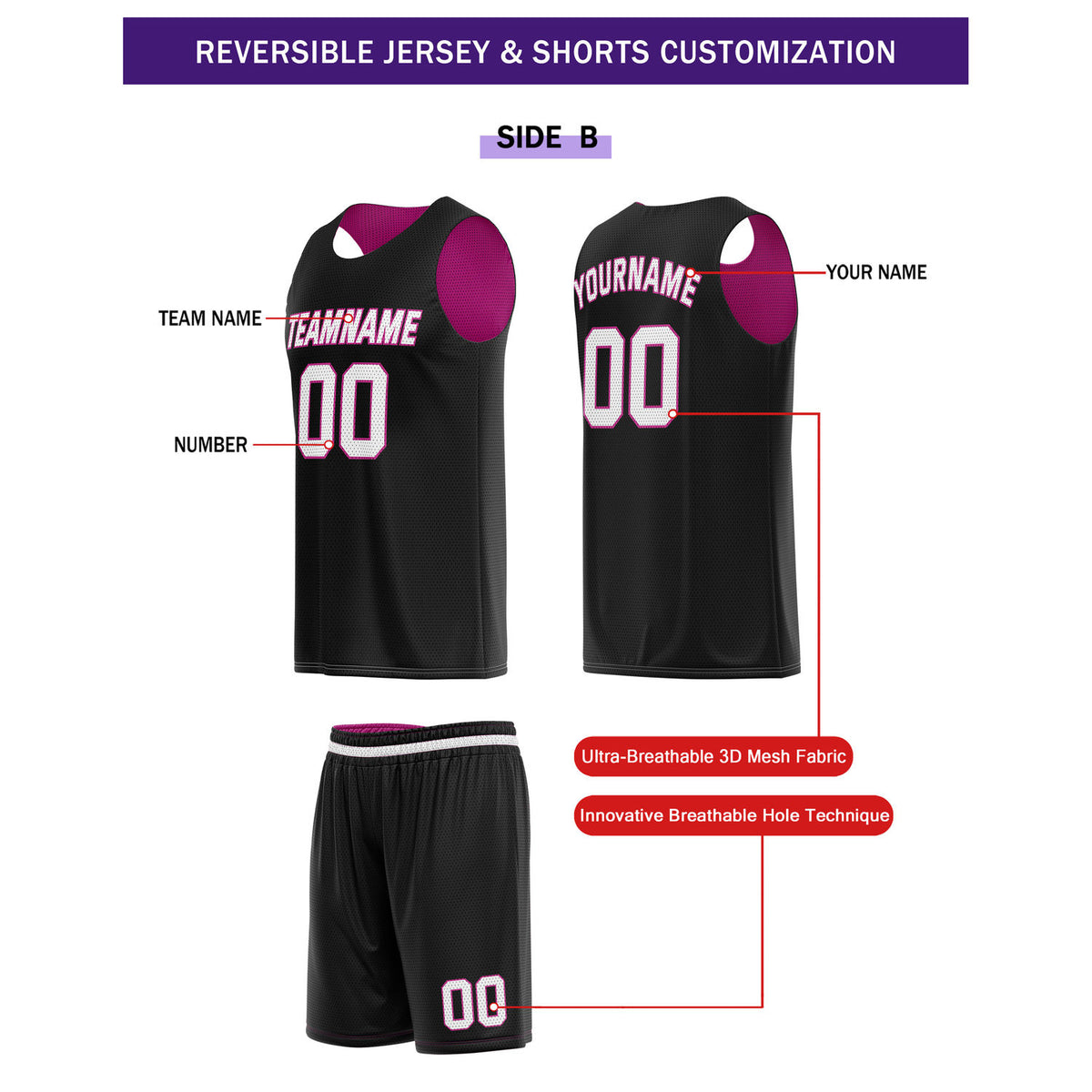 Custom Reversible Pink Black Basketball Uniform Set | Team Name & Number - Vosoli