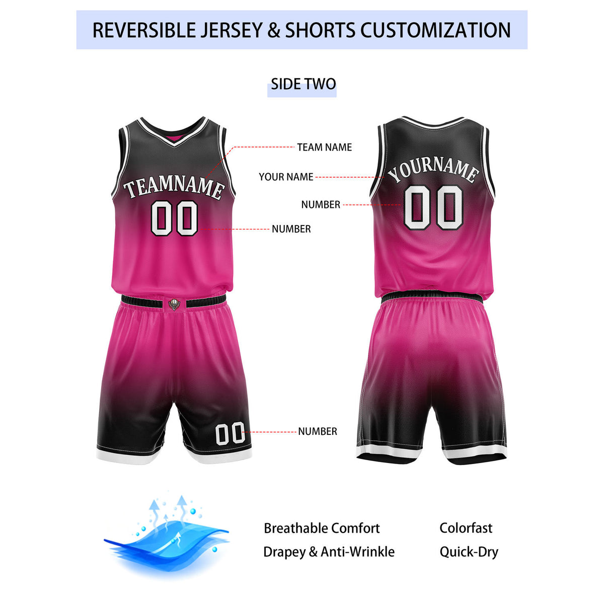 Custom Reversible Pink Black Gradient Striped Basketball Uniform Set | Team & Player Name - Vosoli