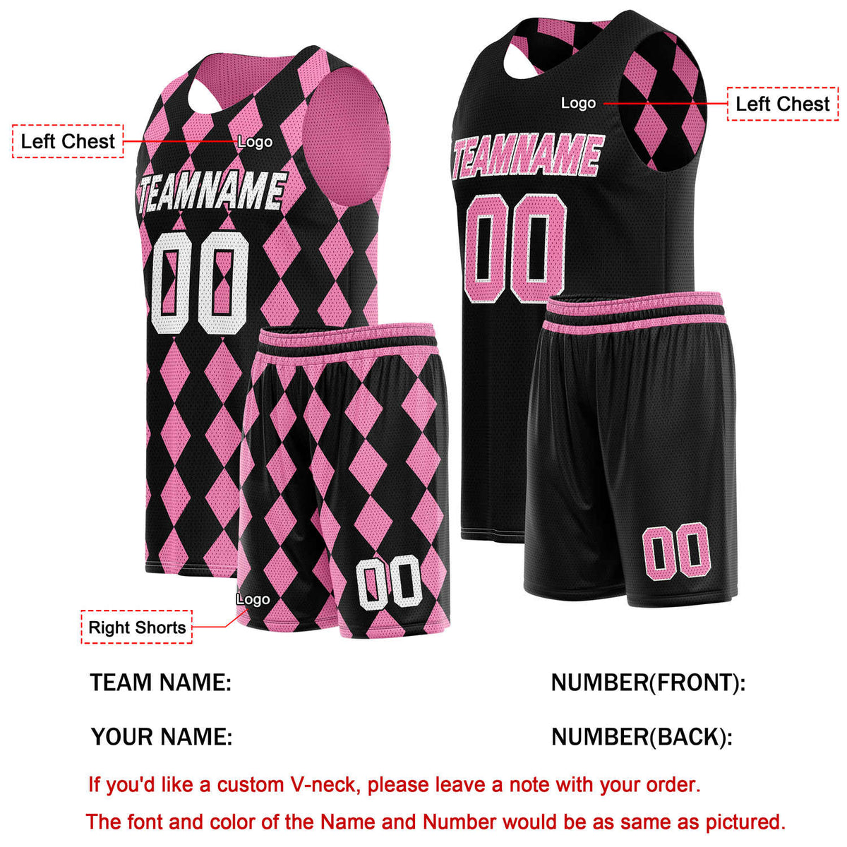 Custom Reversible Basketball Jersey + Shorts Set (Pink & Black) - Personalized Team Name, Number & LOGO | Vosoli
